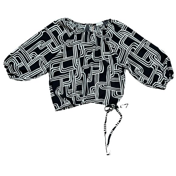 Nine West Women's Black & White Cinched Waist Blouse Cropped Tie 3/4 Sleeve Sz M - Picture 1 of 7